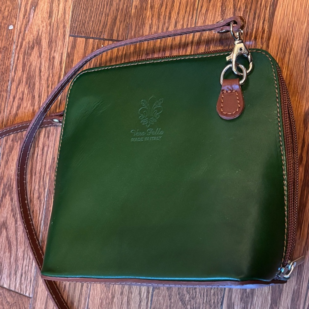 Vera Pelle Crossbody Handbag Italian Leather Green & Tan